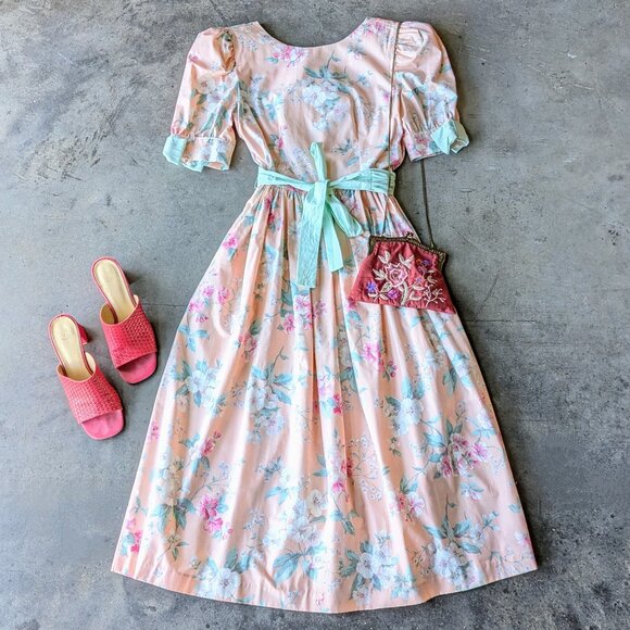Vintage Dresses & Skirts - Vintage Clues Collections Pastel Orange Floral Puff Sleeve Midi Dress size 8